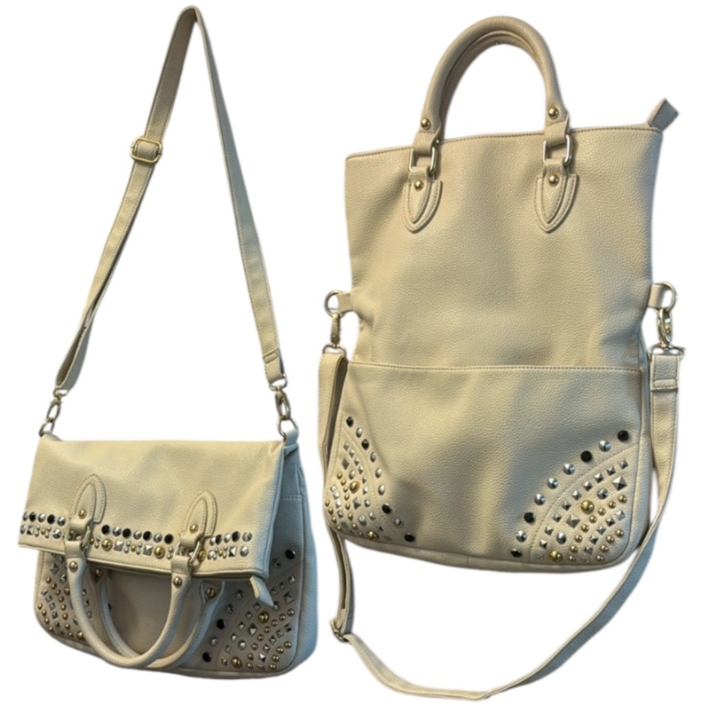 Aldo Cream Faux Leather Studded Crossbody Tote Style Bag